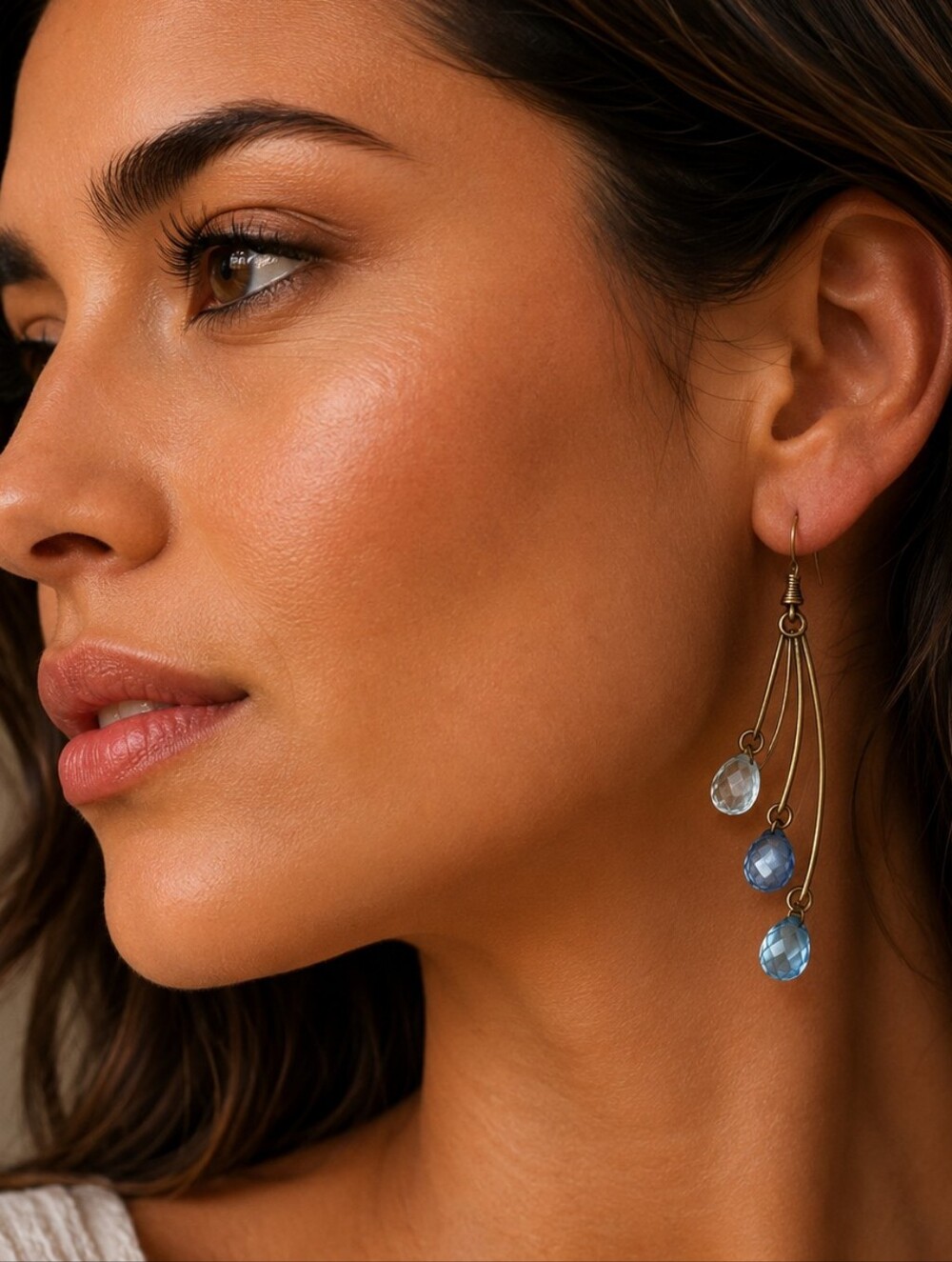 Antique Gold Cascading Waterfall Blue Crystal Teardrop Earrings Artisan Jewelry